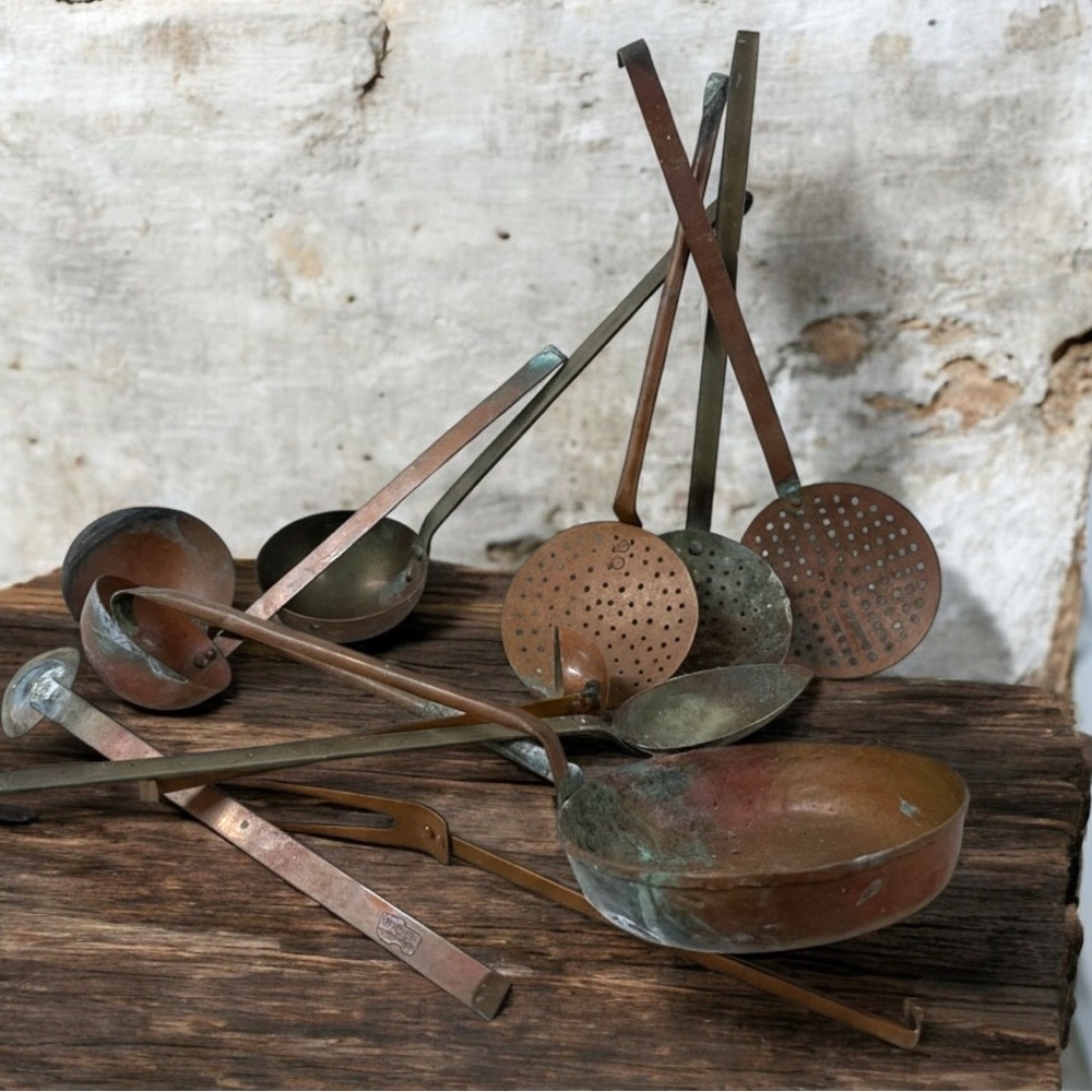 Vintage ODTC Portugal Copper Utensil Set w/ Hanging Bar – 12pcs Rustic Kitchen